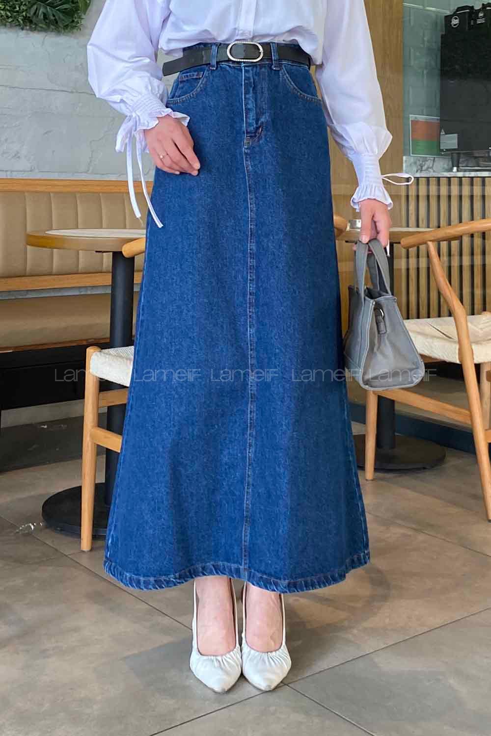 Dark Blue Denim Unprinted Straight Skirt Skirt