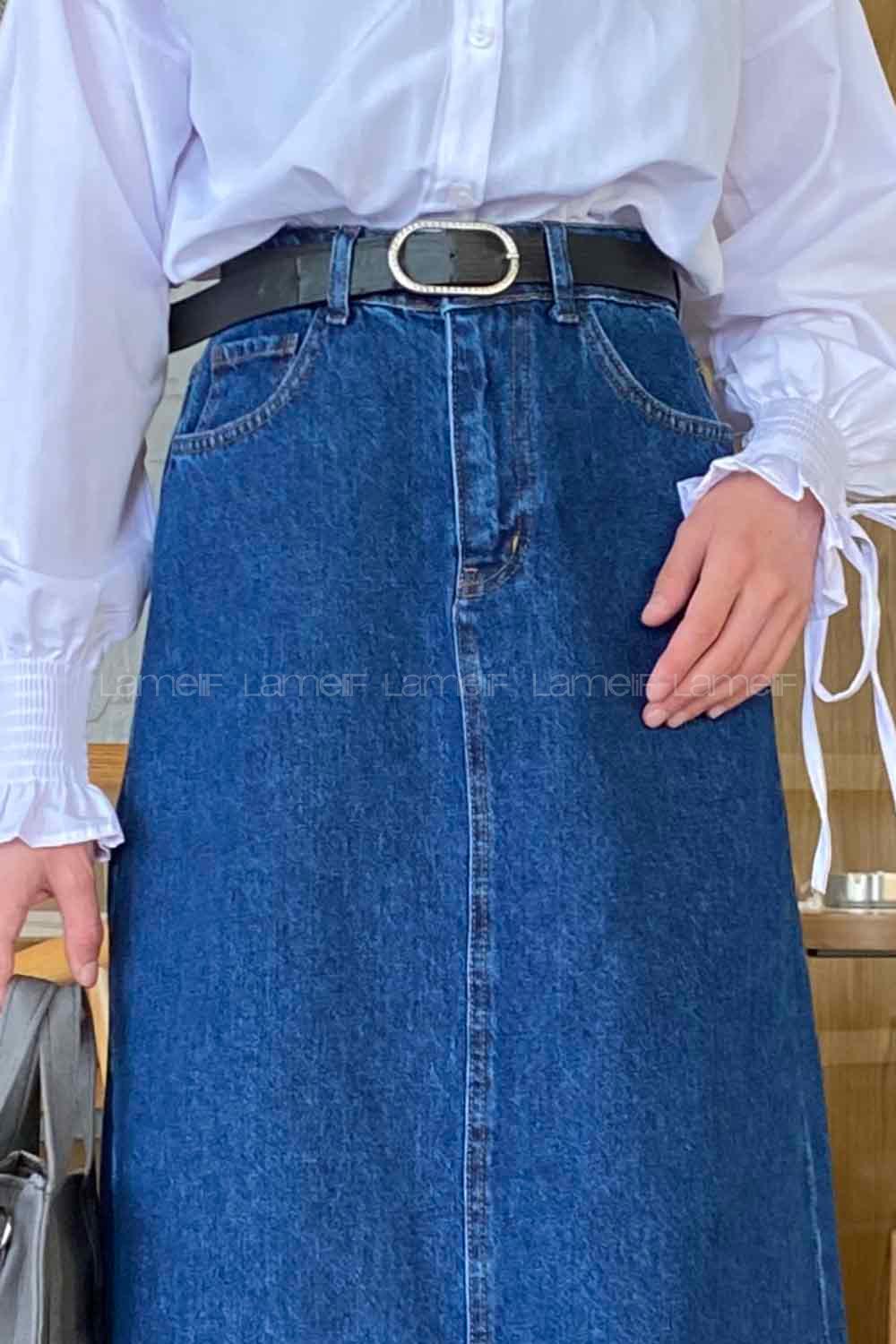 Dark Blue Denim Unprinted Straight Skirt Skirt