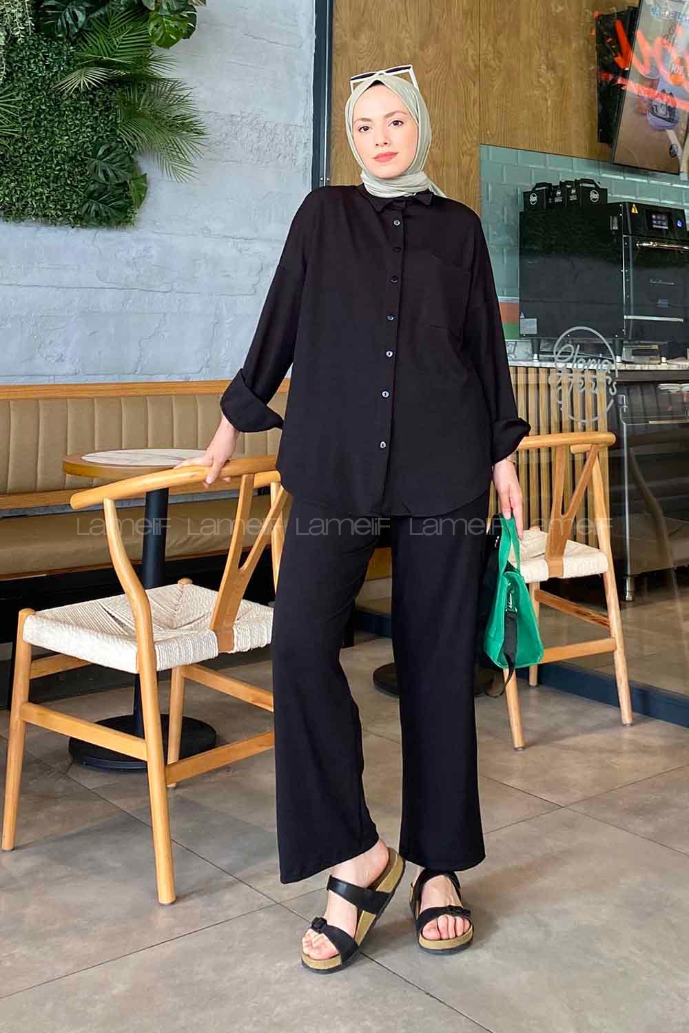 Black Shirt Collar Long Arm Without Accessories Cotton Fabric Flared Trousers Material Pleated Suit