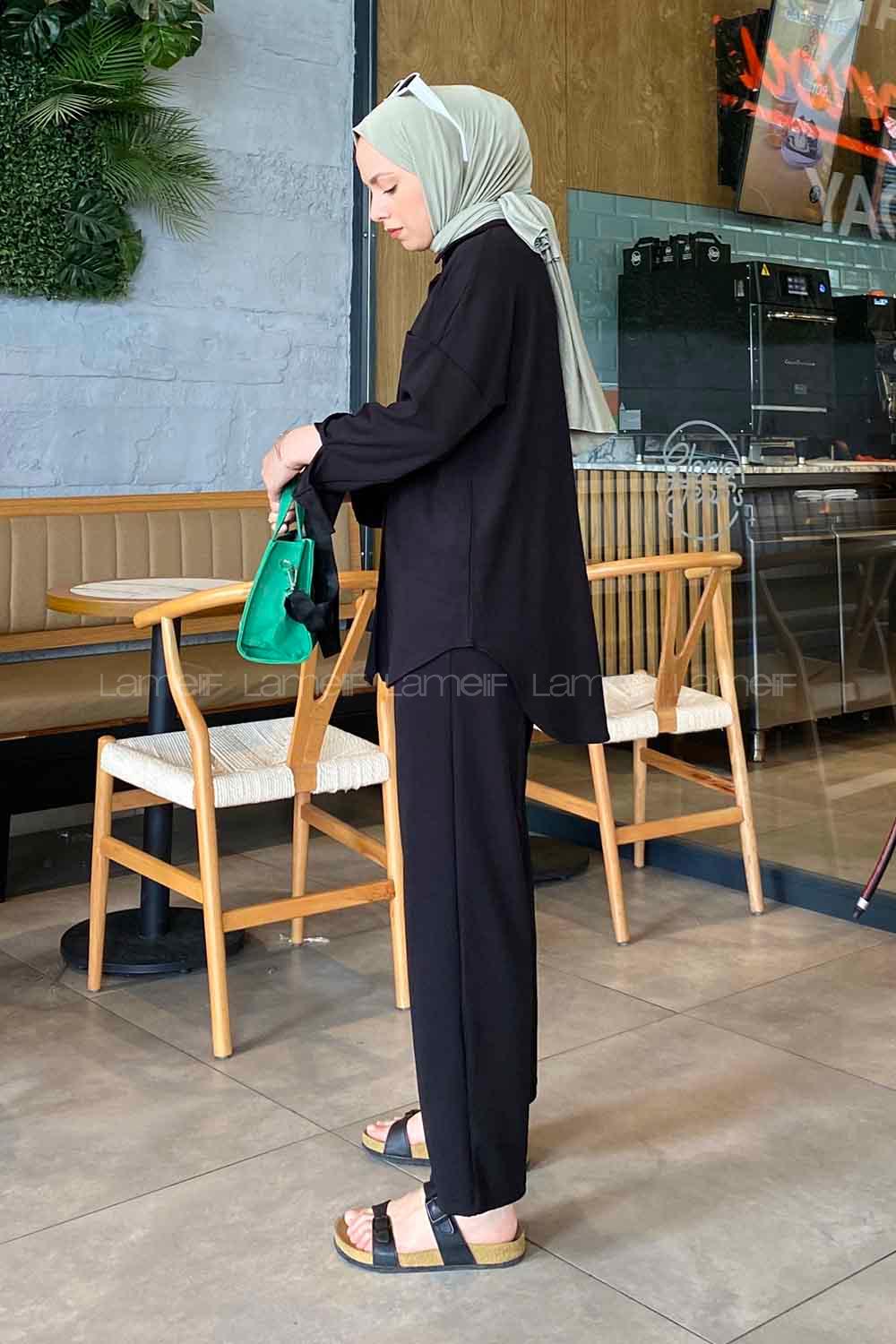 Black Shirt Collar Long Arm Without Accessories Cotton Fabric Flared Trousers Material Pleated Suit