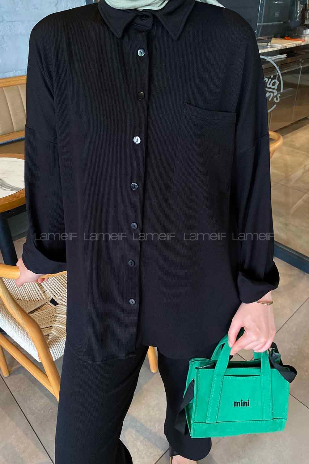 Black Shirt Collar Long Arm Without Accessories Cotton Fabric Flared Trousers Material Pleated Suit