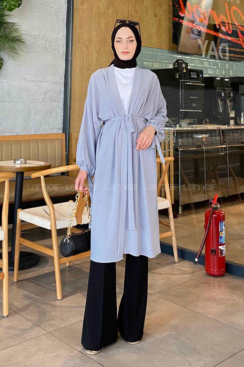 Gray Bat Sleeve Arm Without Accessories Viscose Fabric Straight Kimono
