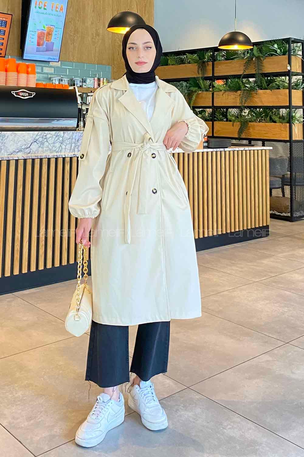Stone Long Arm Belted Cotton Trench Coat