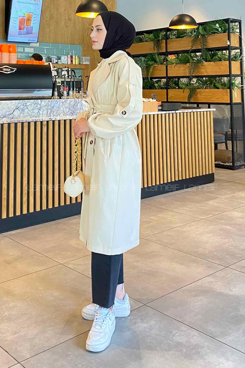 Stone Long Arm Belted Cotton Trench Coat