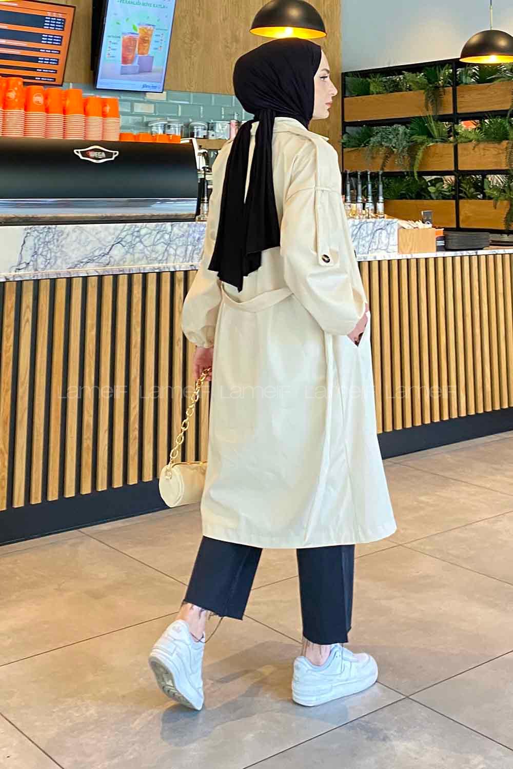 Stone Long Arm Belted Cotton Trench Coat