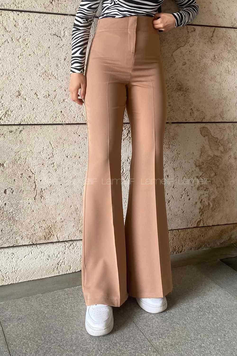 Lamelif Yüksek Bel İspanyol Paça Gizli Cep Pantolon Camel