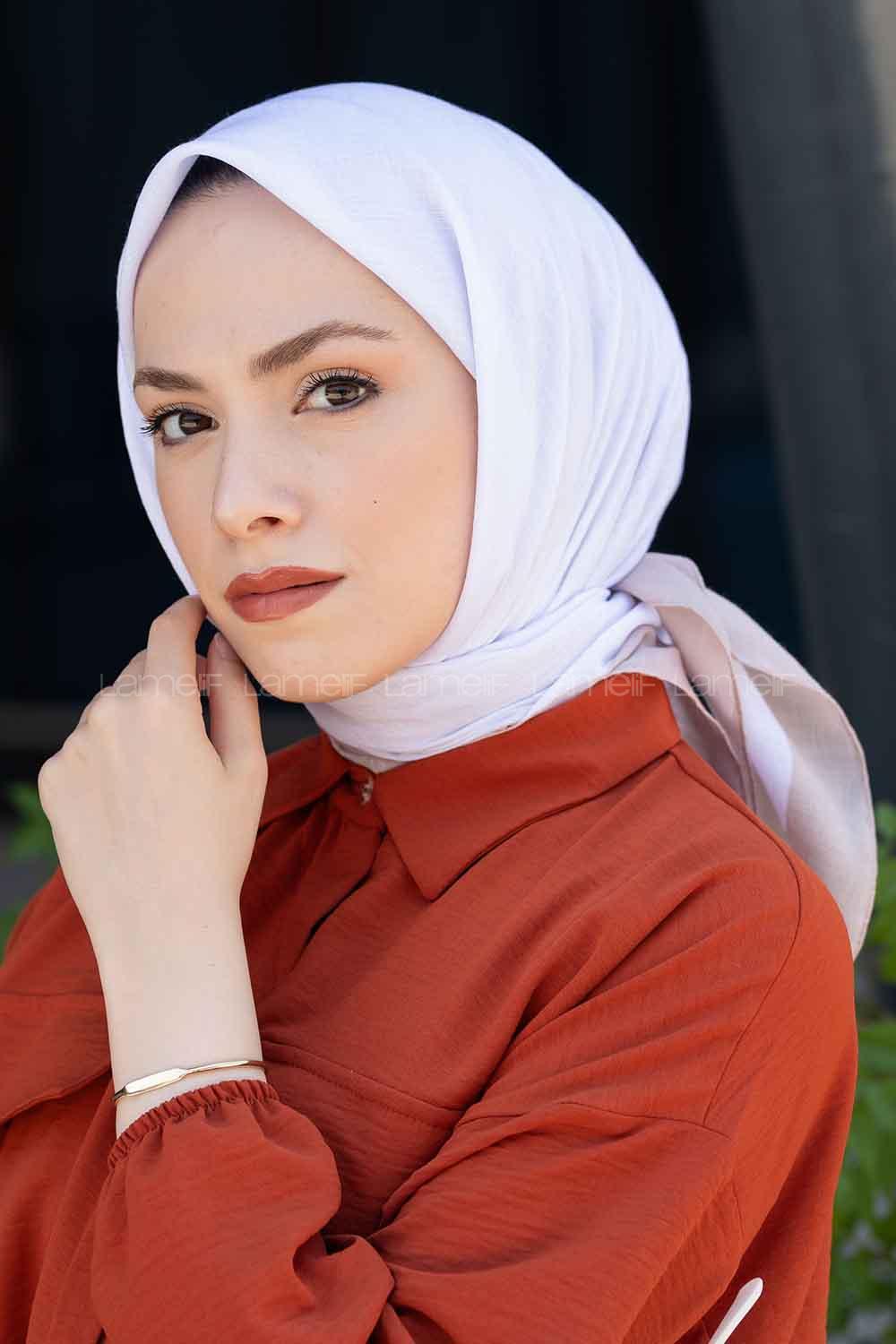 Lamelif Monoğram Eşarp Beyaz-Bej