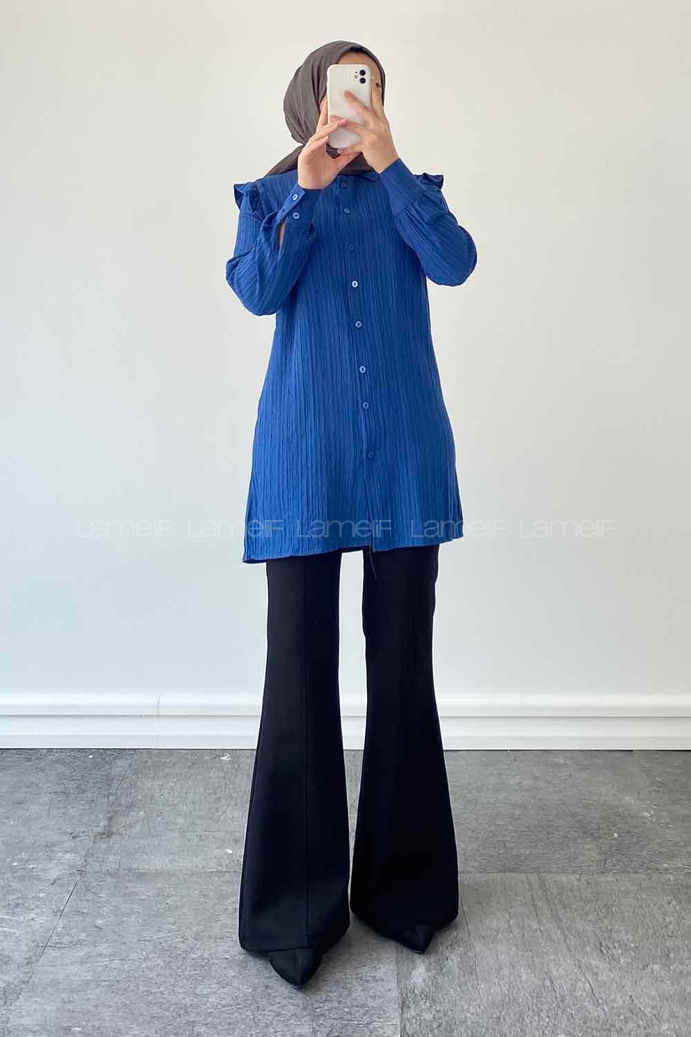 Indigo Shirt Collar Long Arm Cotton Unprinted Shirt