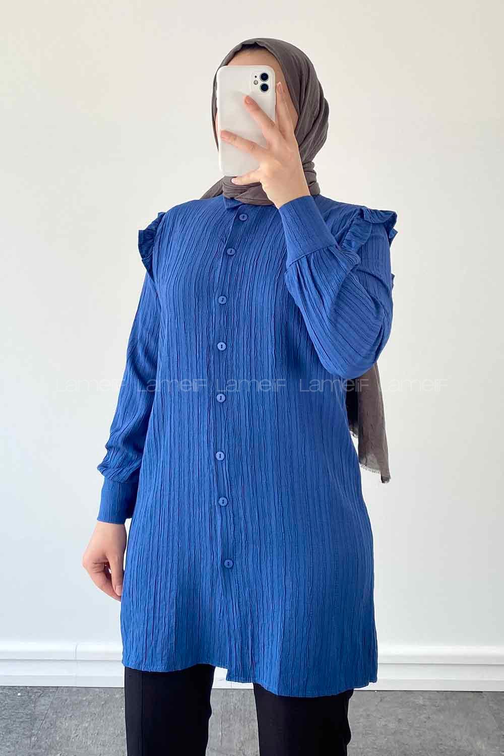 Indigo Shirt Collar Long Arm Cotton Unprinted Shirt