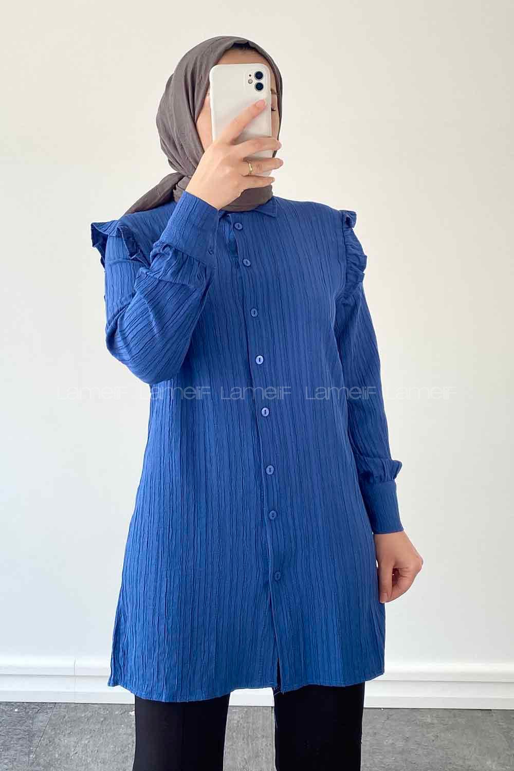 Indigo Shirt Collar Long Arm Cotton Unprinted Shirt