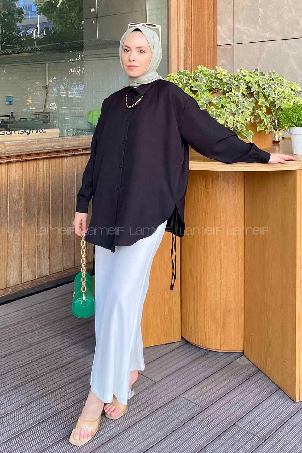 Black Shirt Collar Long Arm Linen Unprinted Shirt