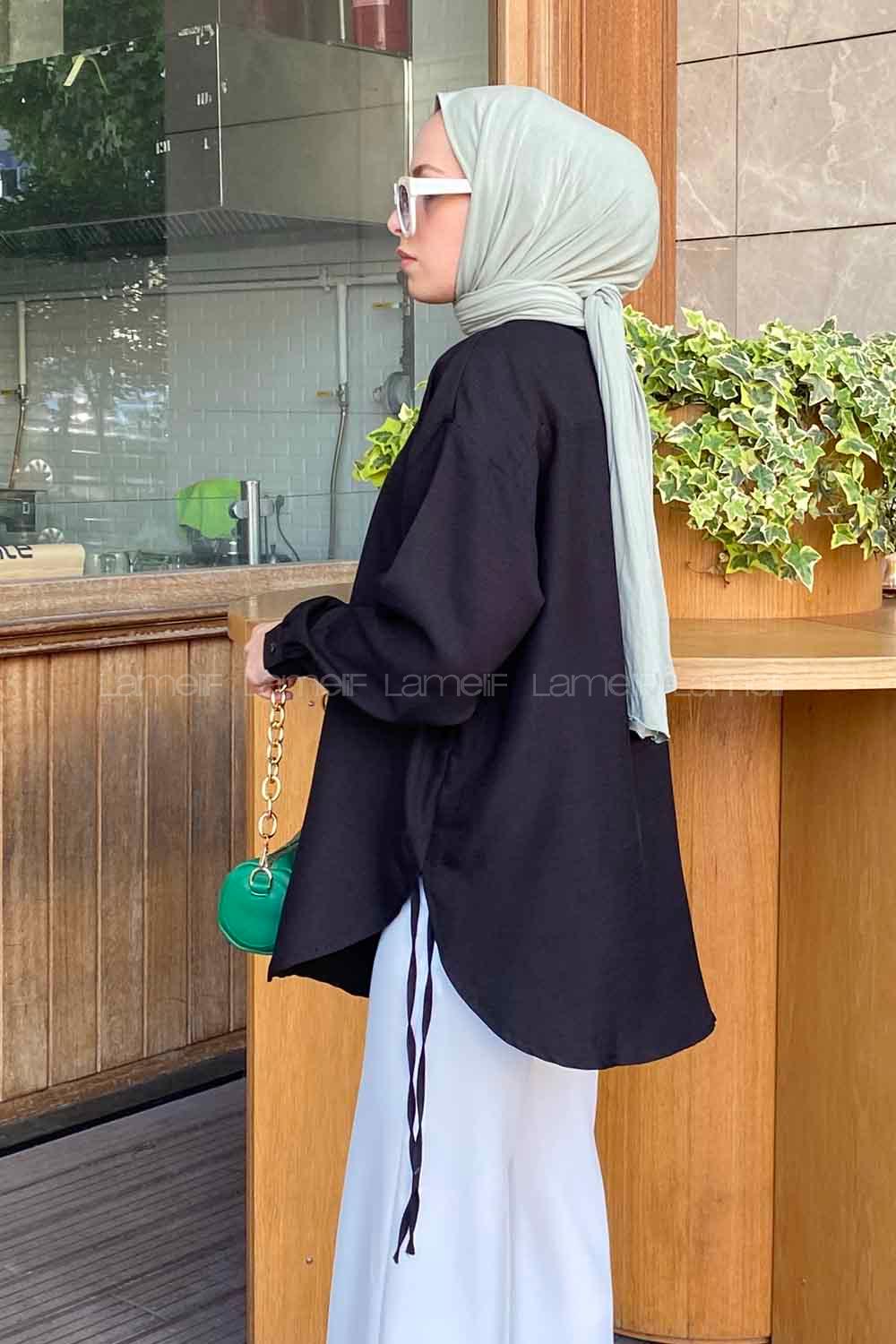 Black Shirt Collar Long Arm Linen Unprinted Shirt