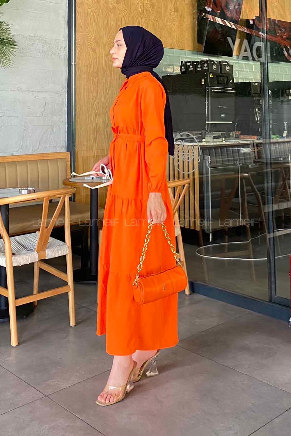 Orange Medium Crew Neck Cotton Fabric Unprinted Dresess