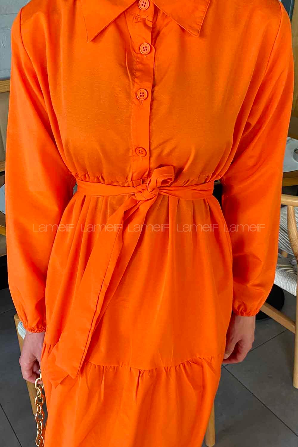 Orange Medium Crew Neck Cotton Fabric Unprinted Dresess