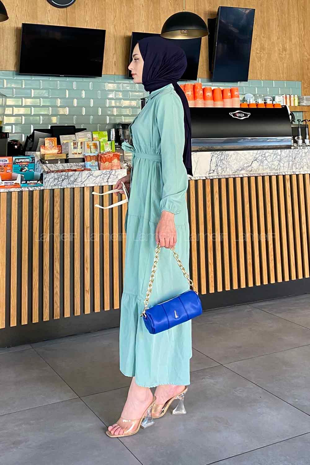 Water Green Medium Crew Neck Cotton Fabric Unprinted Dresess