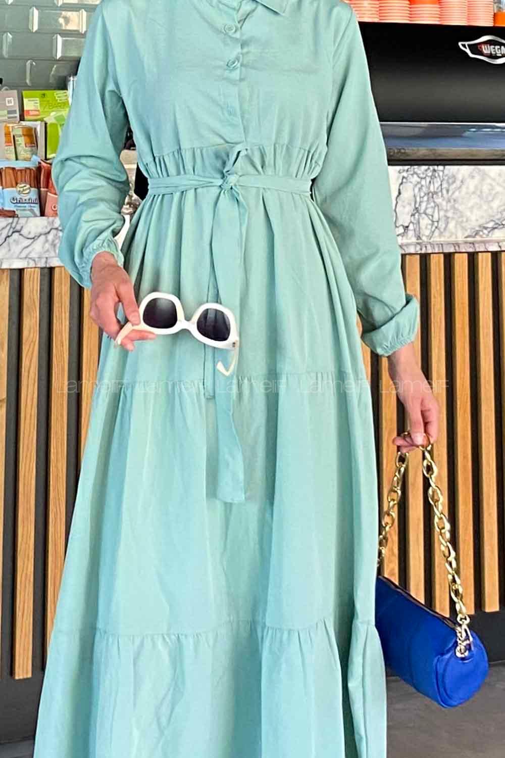 Water Green Medium Crew Neck Cotton Fabric Unprinted Dresess