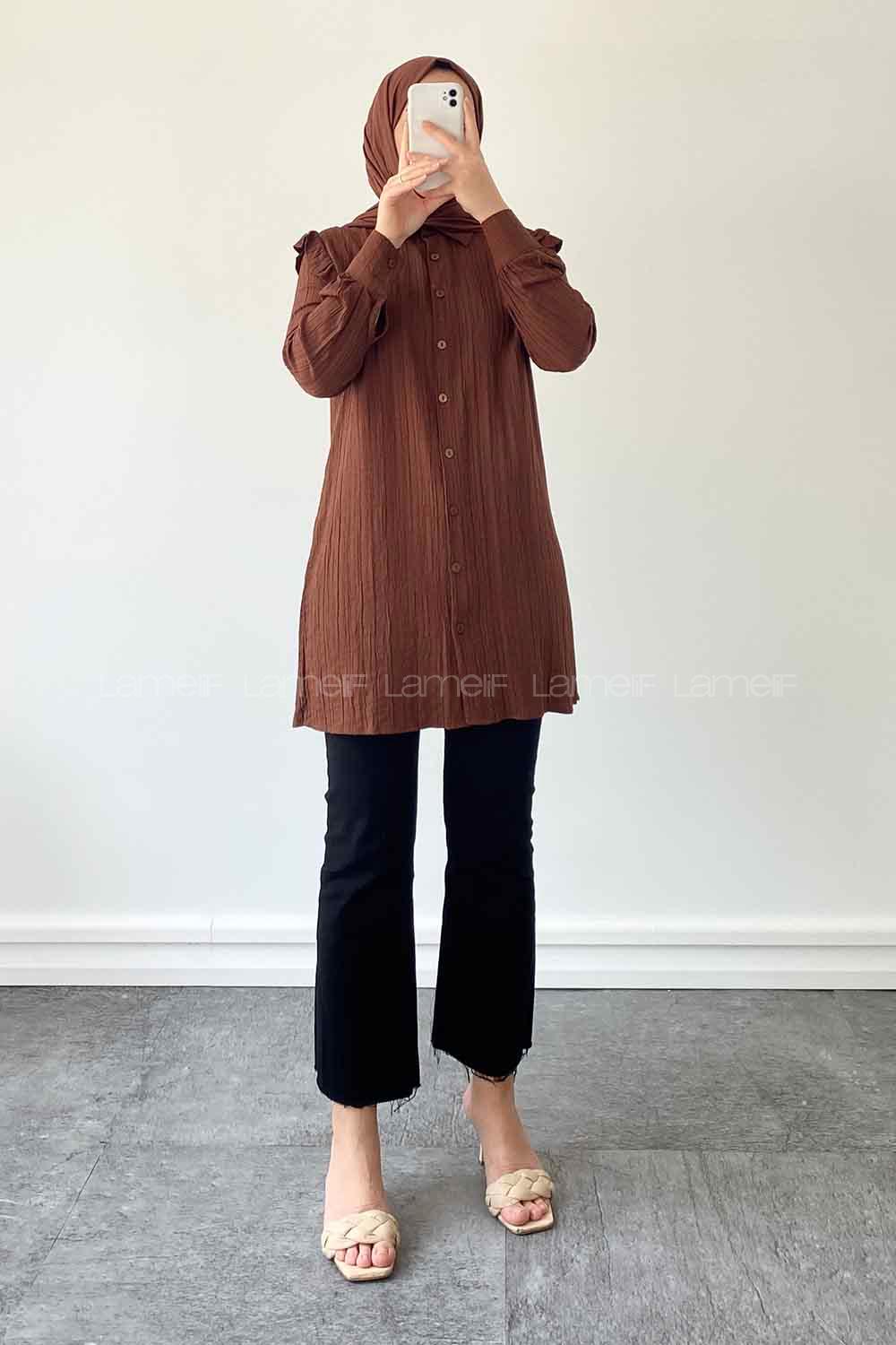 Bitter Brown Shirt Collar Long Arm Cotton Unprinted Shirt