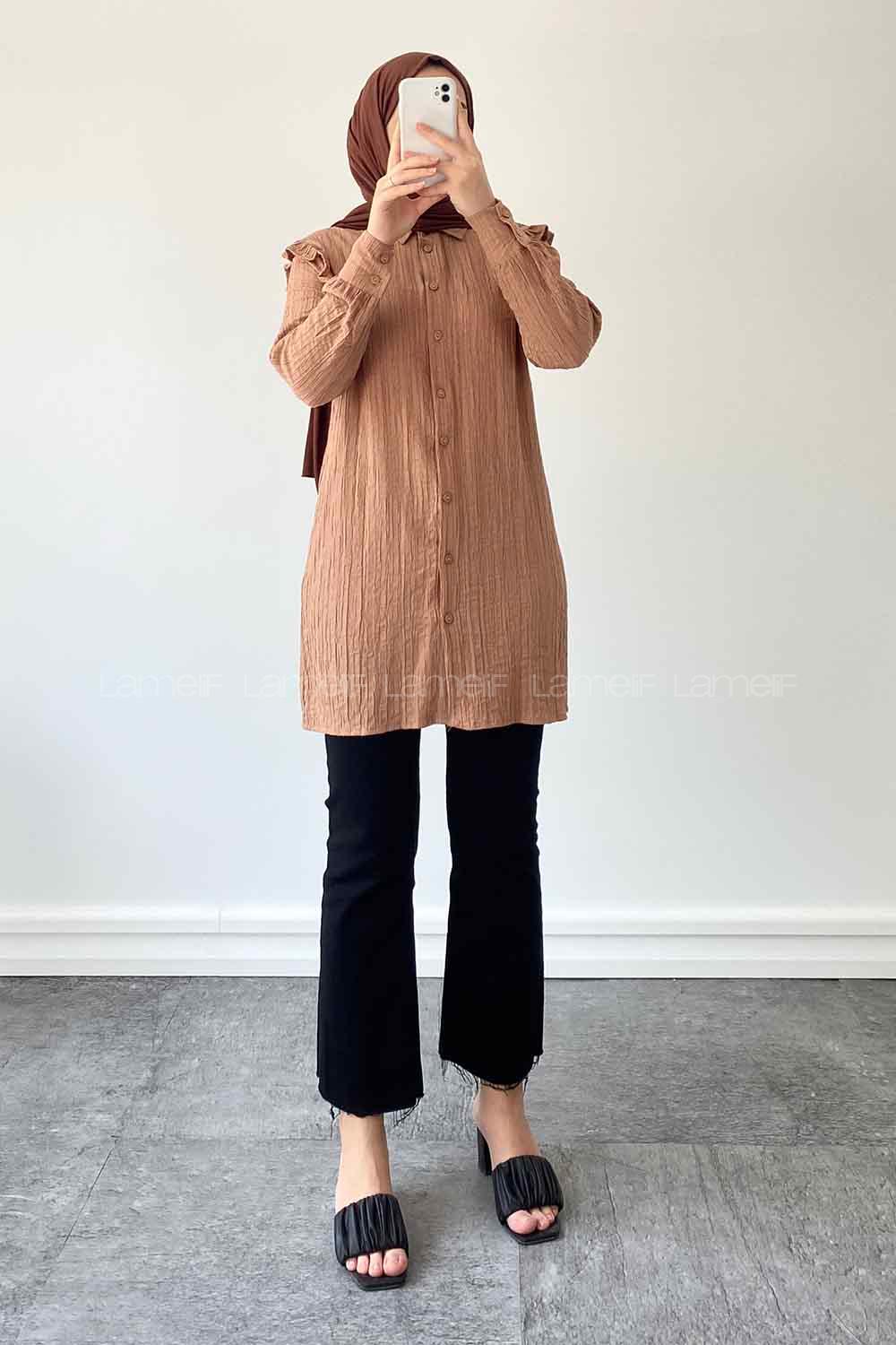 Brown With Milk Shirt Collar Long Arm Cotton Unprinted Shirt