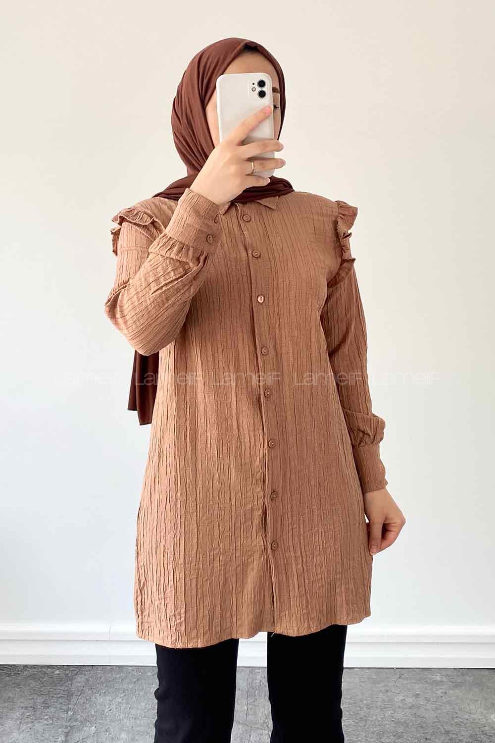 Brown With Milk Shirt Collar Long Arm Cotton Unprinted Shirt