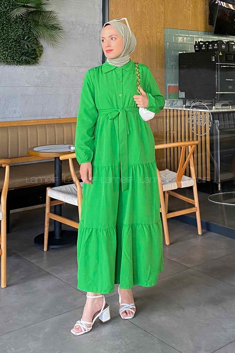 Grassgreen Medium Crew Neck Cotton Fabric Unprinted Dresess