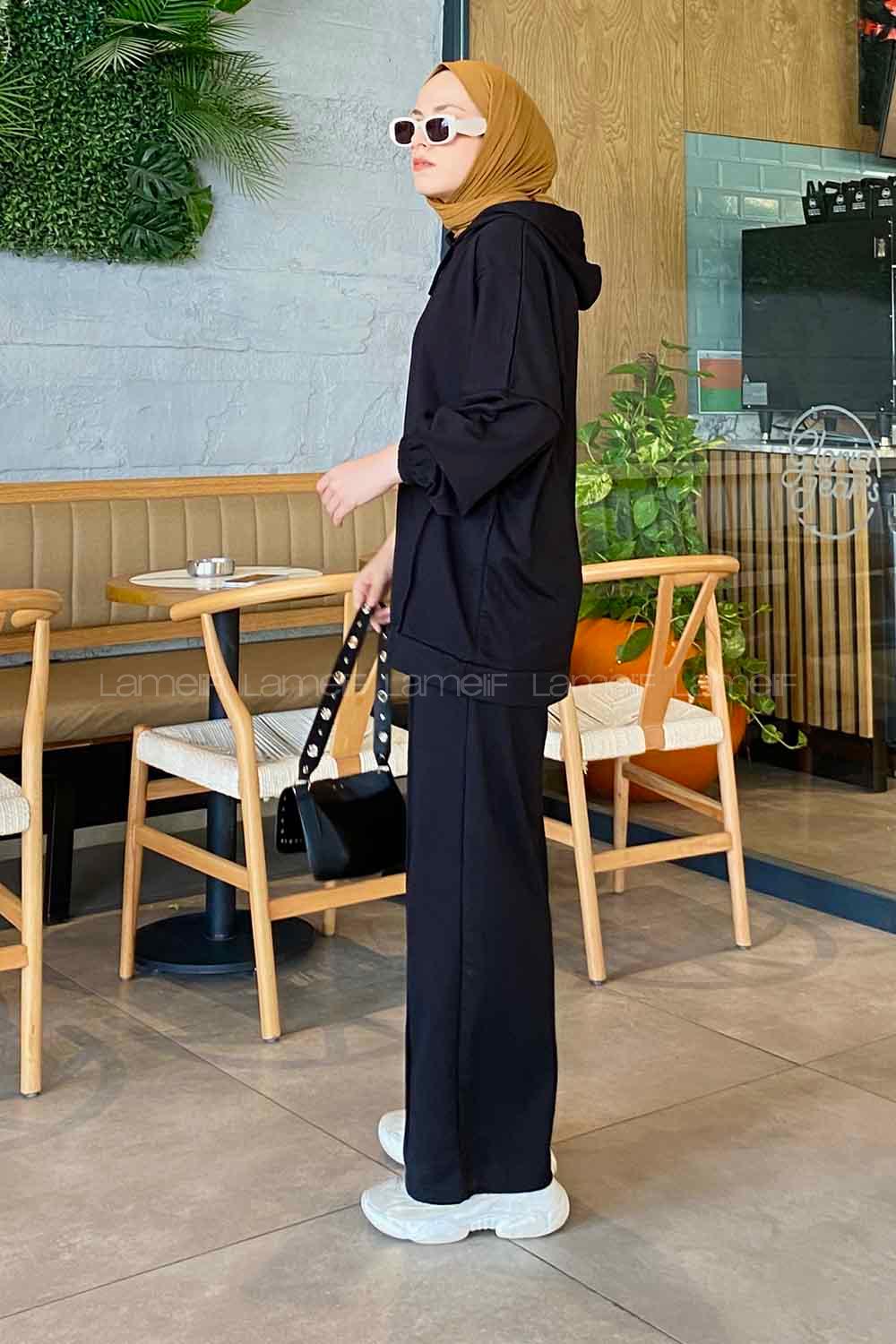 Black Medium Crew Neck Long Arm Without Accessories Cotton Flared Trousers Comfortable Suit