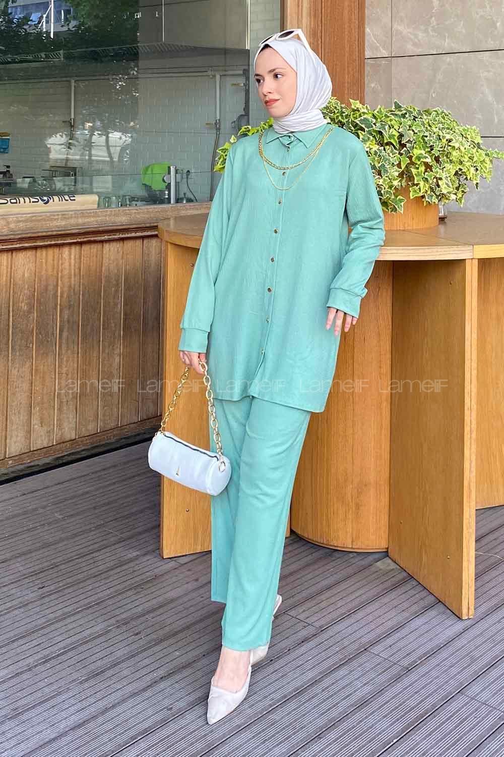 Lamelif Kolyeli Bürümcük Tesettür Takım Çağla Yeşili