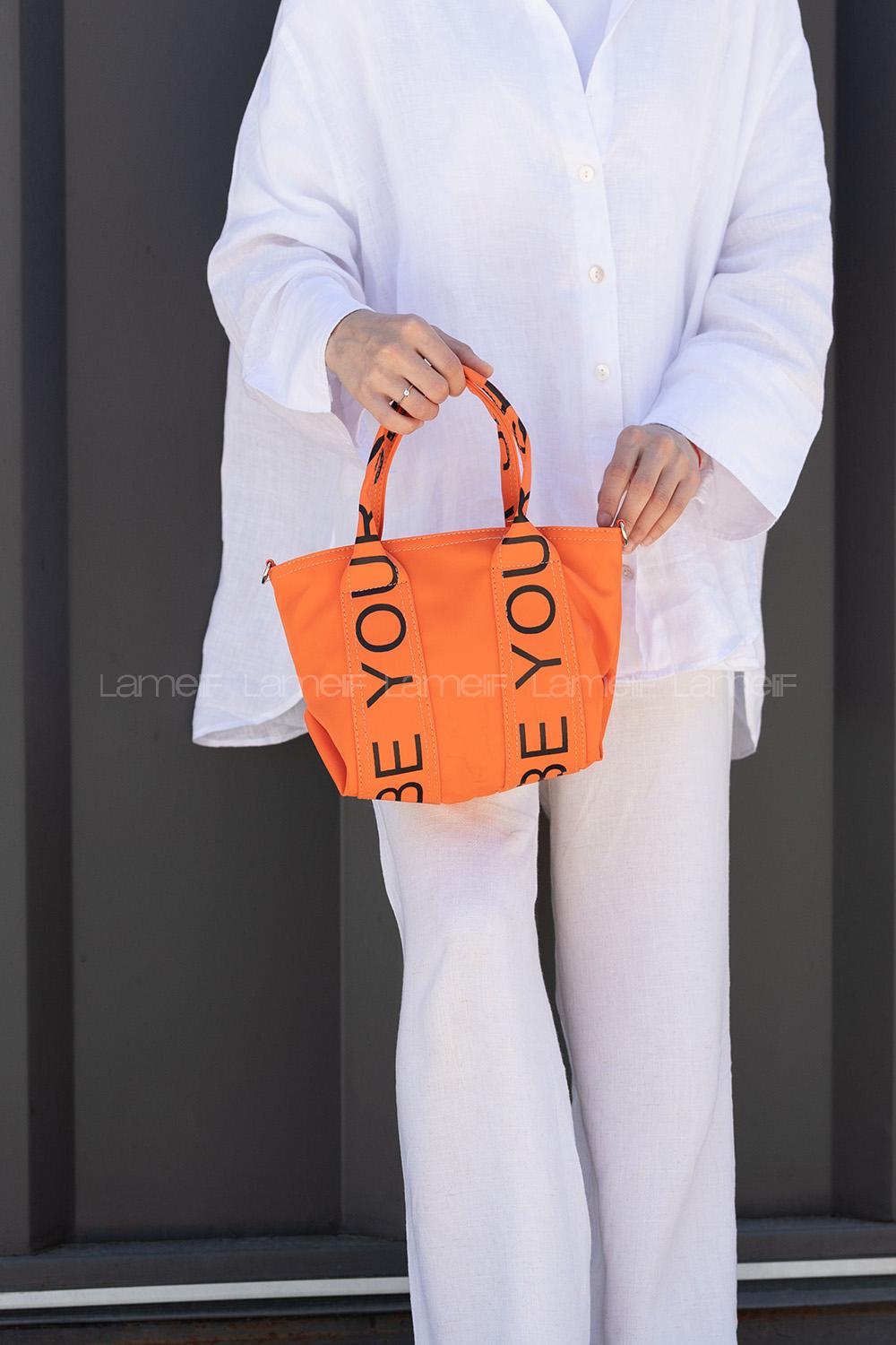 Lamelif Organik Kanvas Kumaş Çapraz Kadın Çanta Turuncu