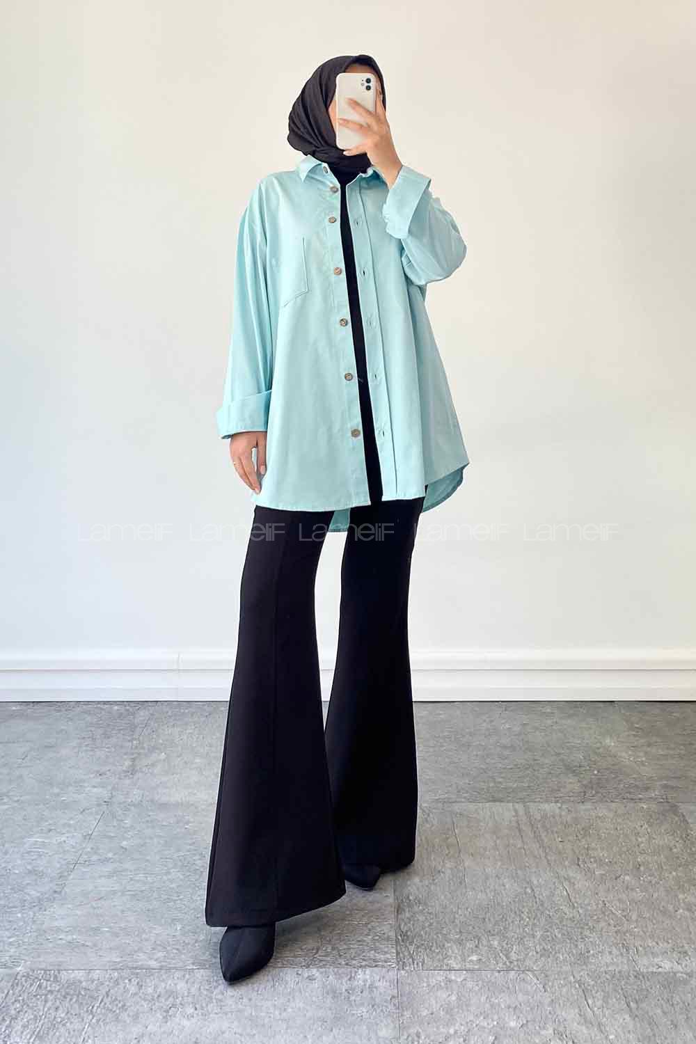 Light Blue Shirt Collar Long Arm Cotton Fabric Unprinted Shirt