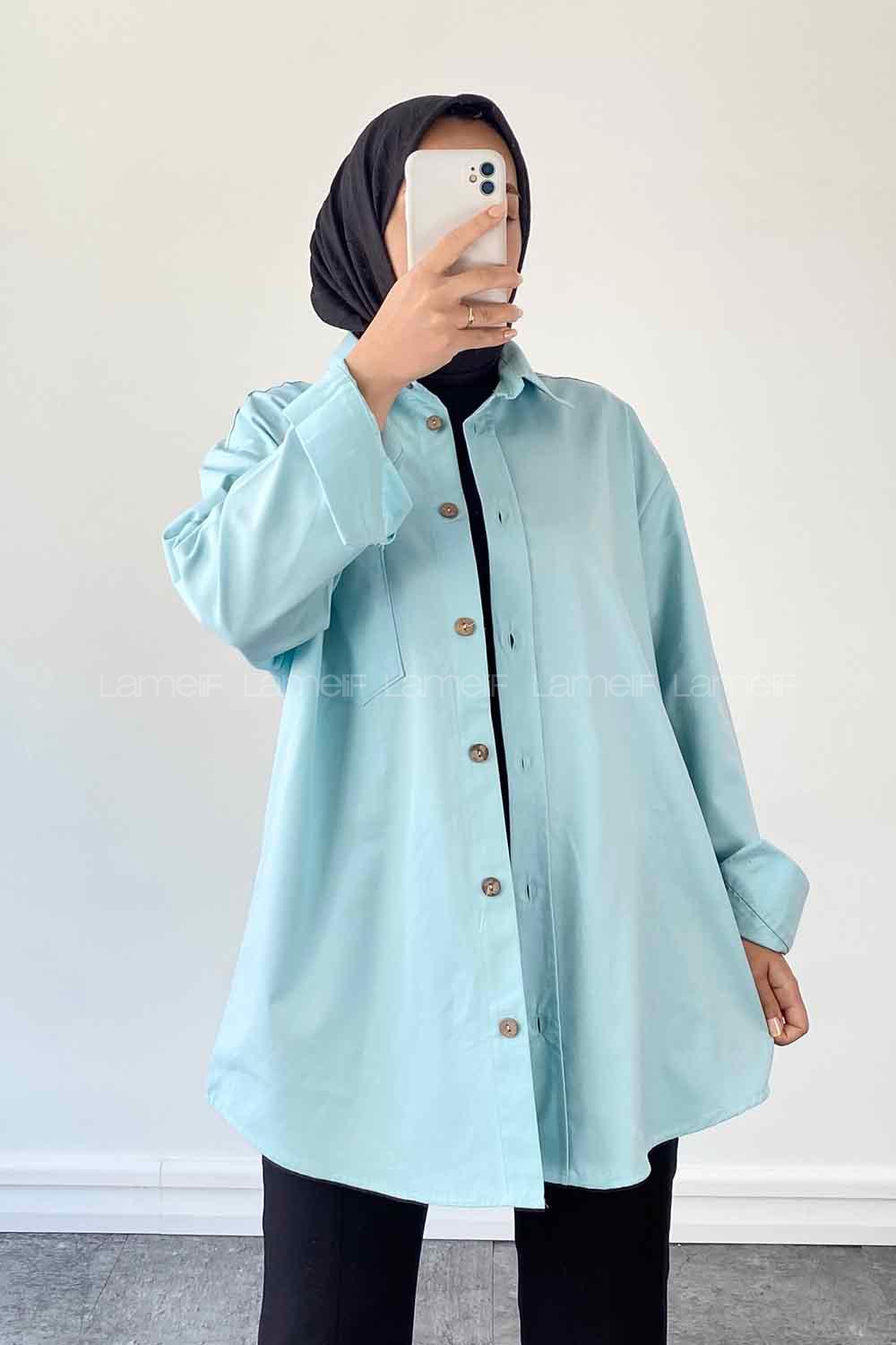 Light Blue Shirt Collar Long Arm Cotton Fabric Unprinted Shirt