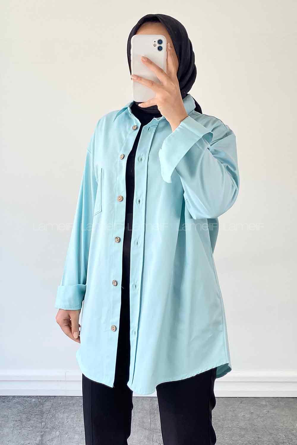Light Blue Shirt Collar Long Arm Cotton Fabric Unprinted Shirt