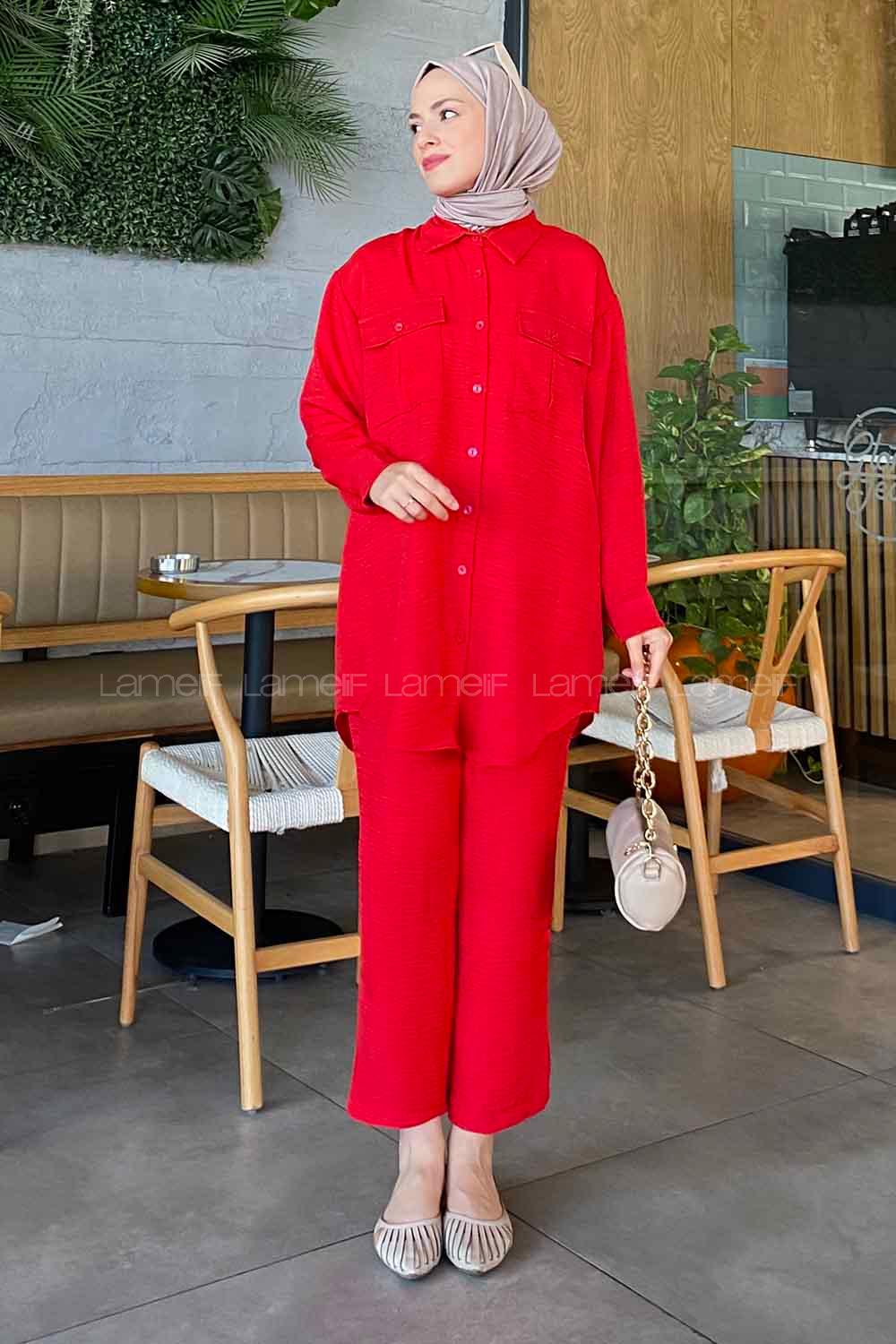 Red Shirt Collar Long Arm Without Accessories Viscose Fabric Regular Trousers Comfortable Suit