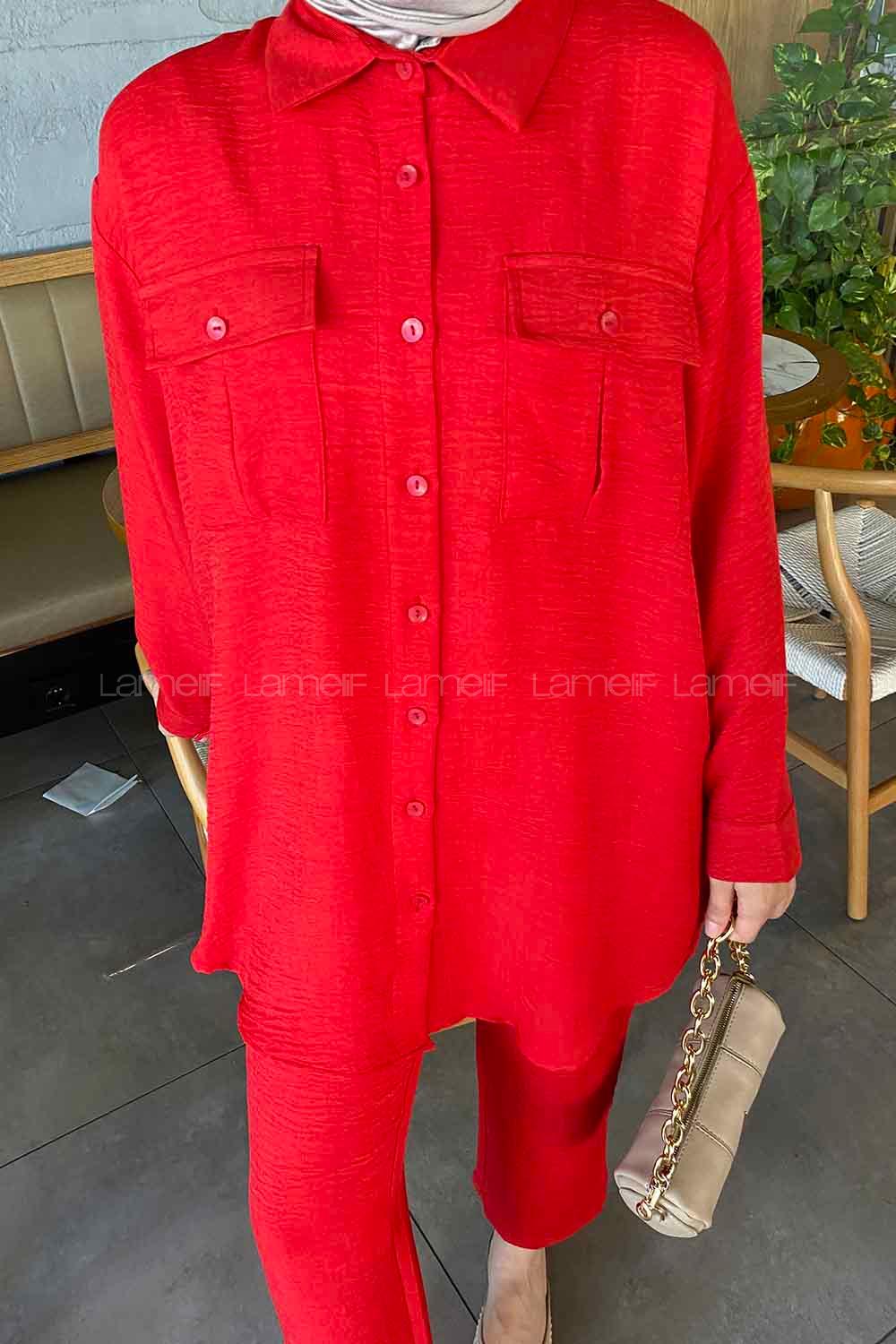 Red Shirt Collar Long Arm Without Accessories Viscose Fabric Regular Trousers Comfortable Suit