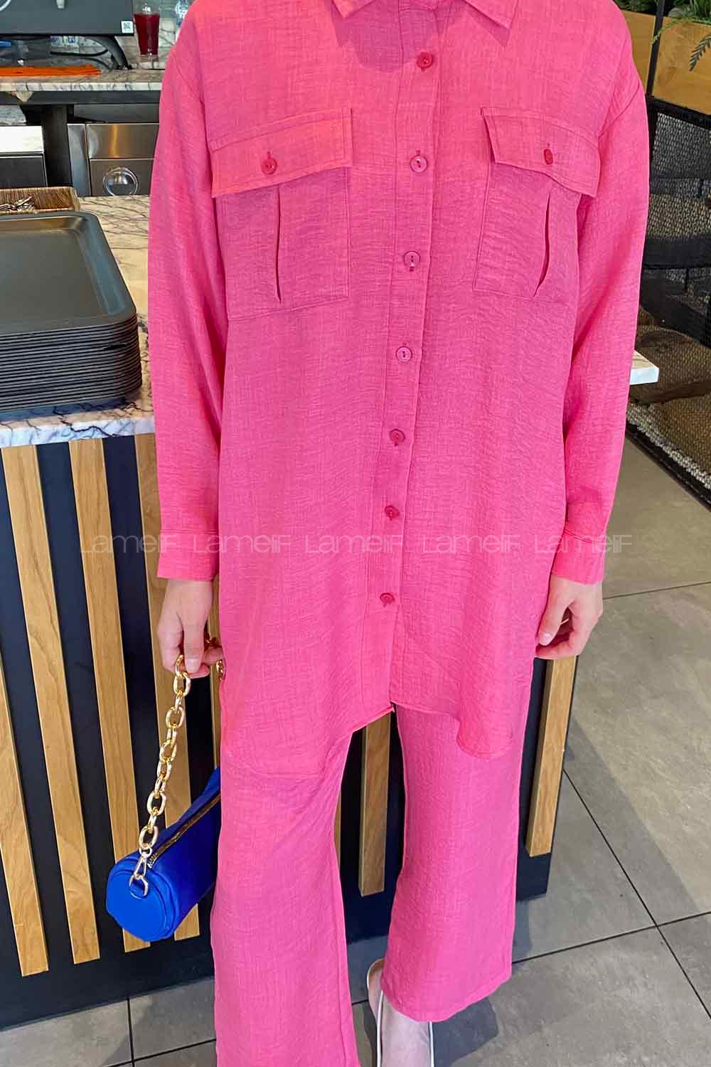 Pink Shirt Collar Long Arm Without Accessories Viscose Fabric Regular Trousers Comfortable Suit