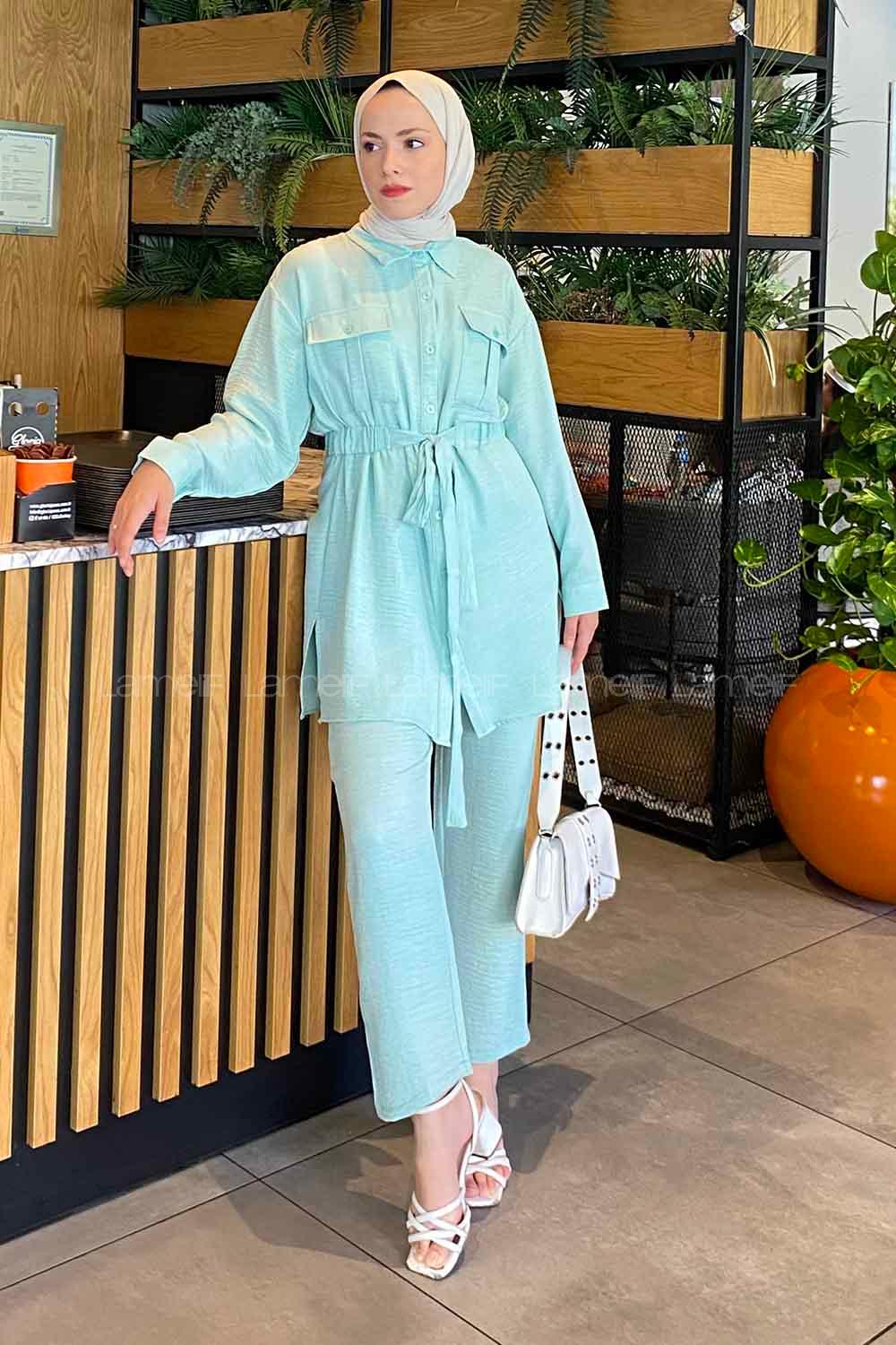 Water Green Shirt Collar Long Arm Without Accessories Viscose Fabric Regular Trousers Comfortable Suit