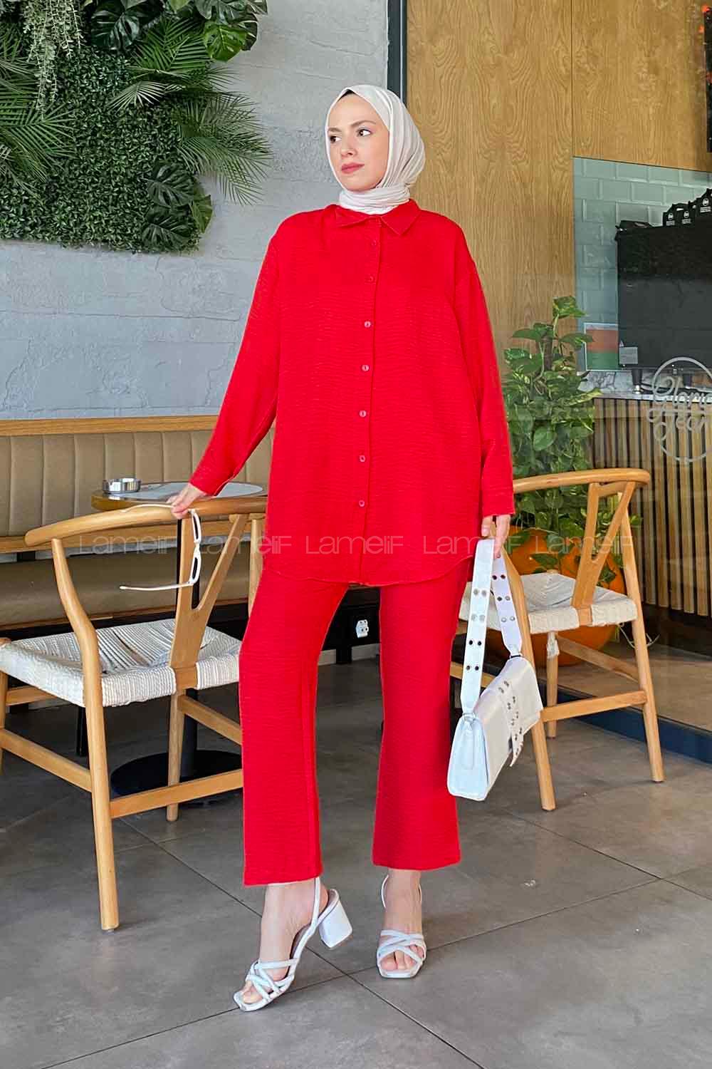 Red Shirt Collar Long Arm Without Accessories Viscose Fabric Regular Trousers Comfortable Suit