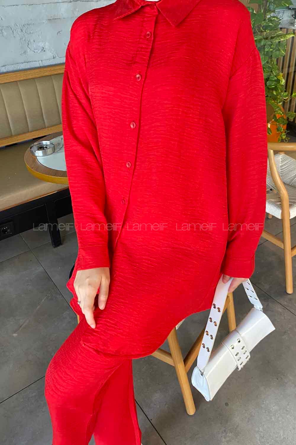 Red Shirt Collar Long Arm Without Accessories Viscose Fabric Regular Trousers Comfortable Suit