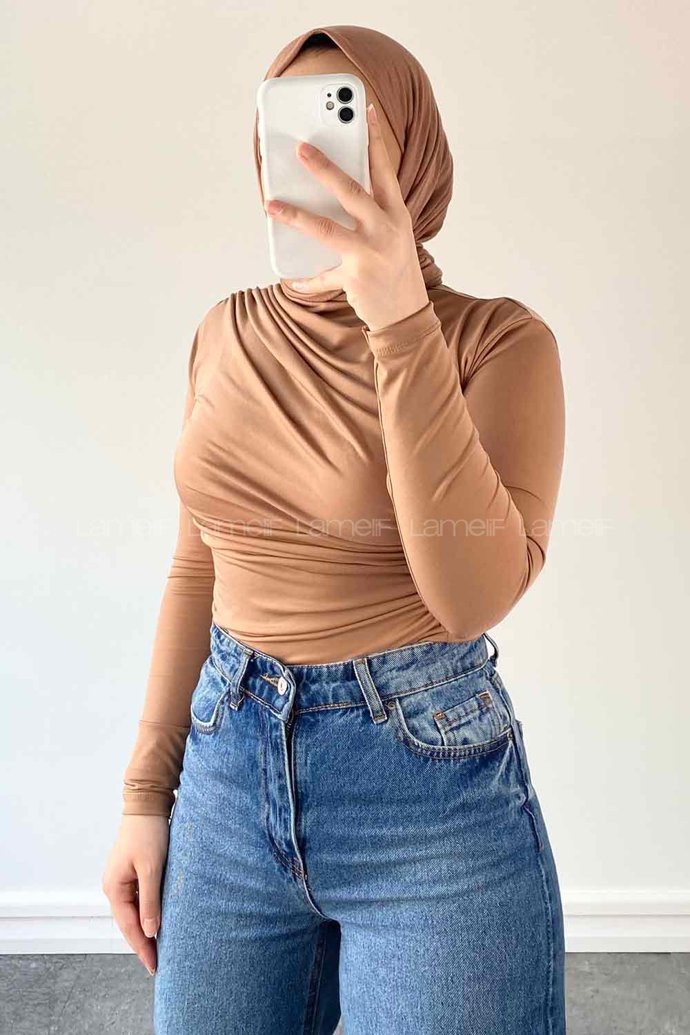 Brown With Milk Tight Neck Long Arm Without Accessories Cotton Fabric Unprinted Blouse