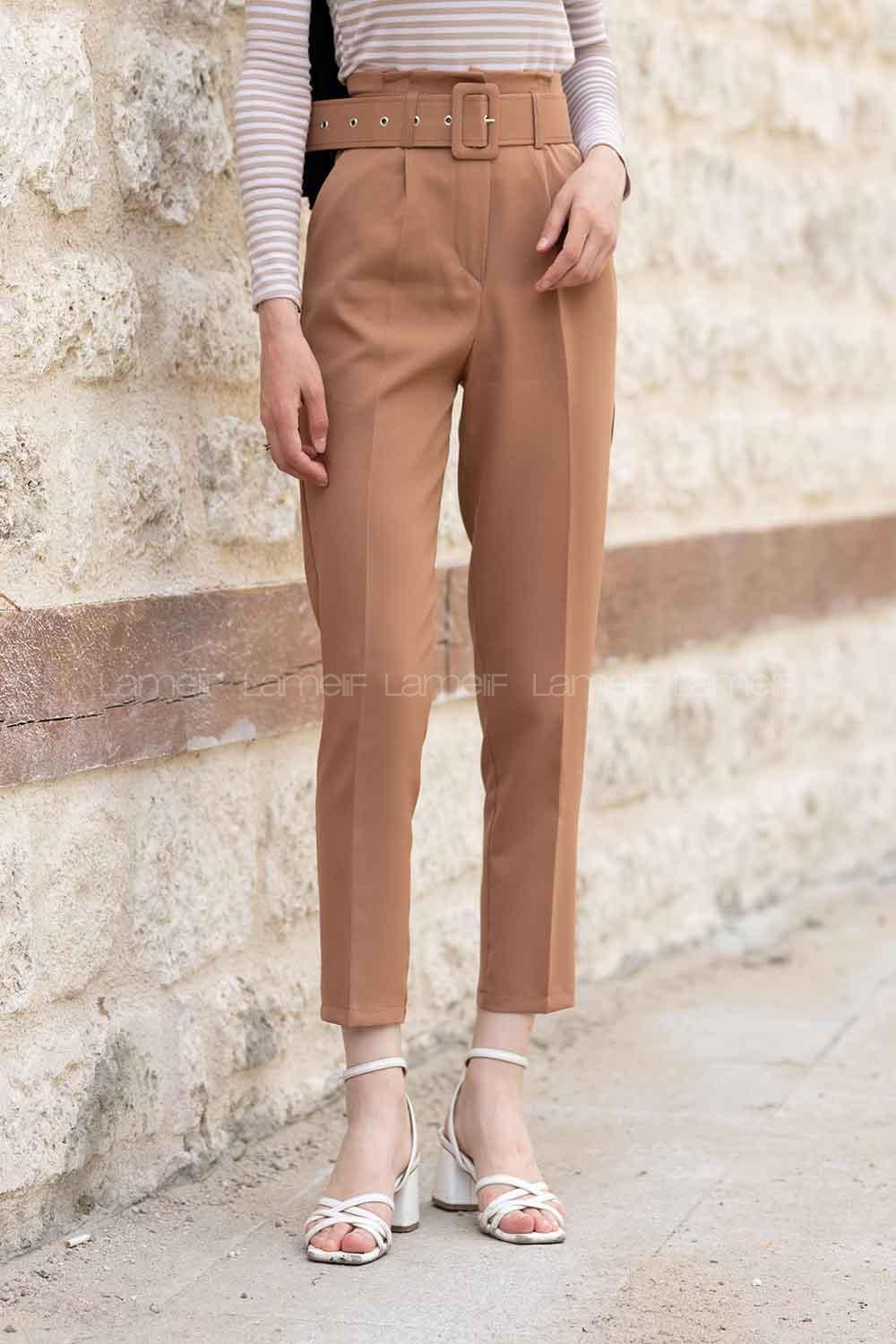 Modalamelif Çift Cep Toka Kemerli Pantolon Camel