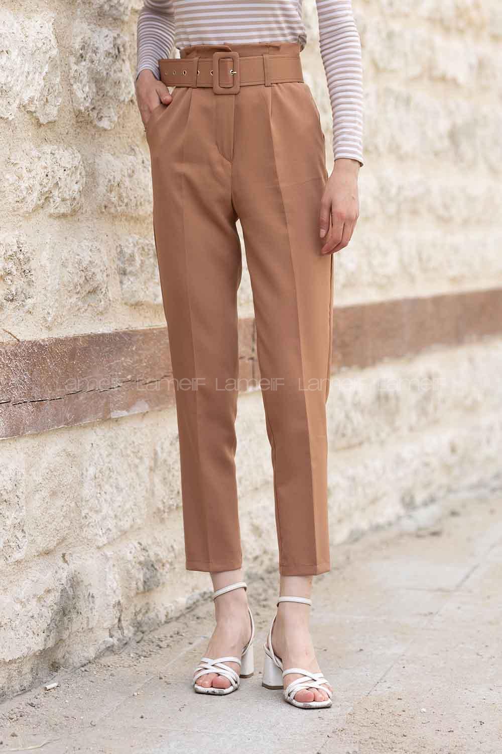 Modalamelif Çift Cep Toka Kemerli Pantolon Camel