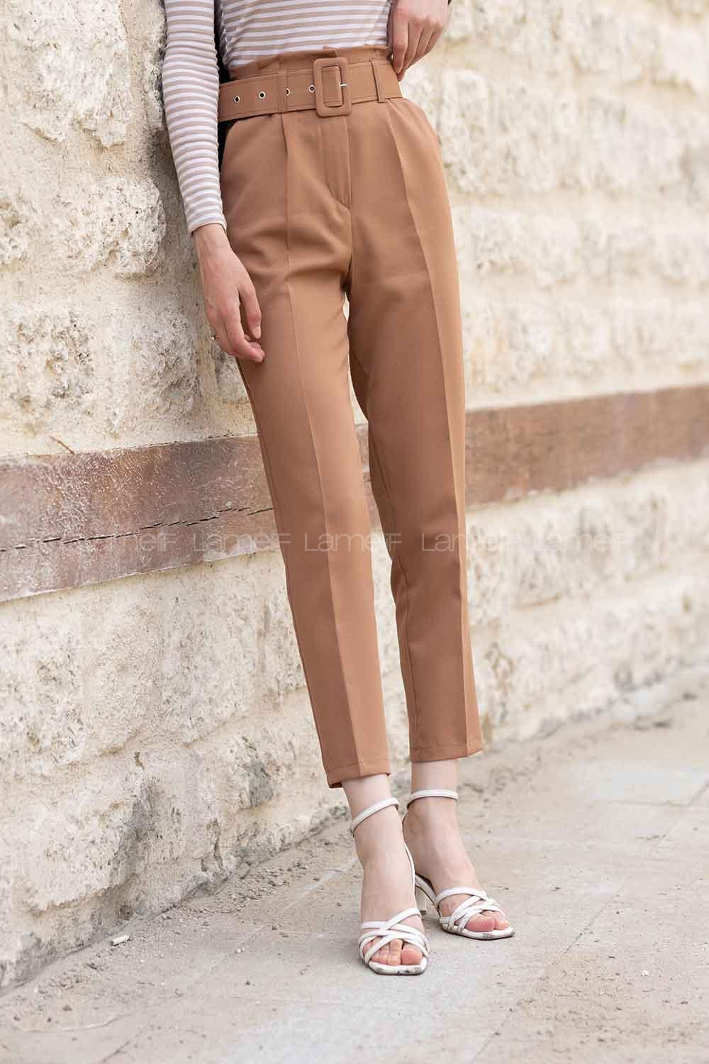 Modalamelif Çift Cep Toka Kemerli Pantolon Camel