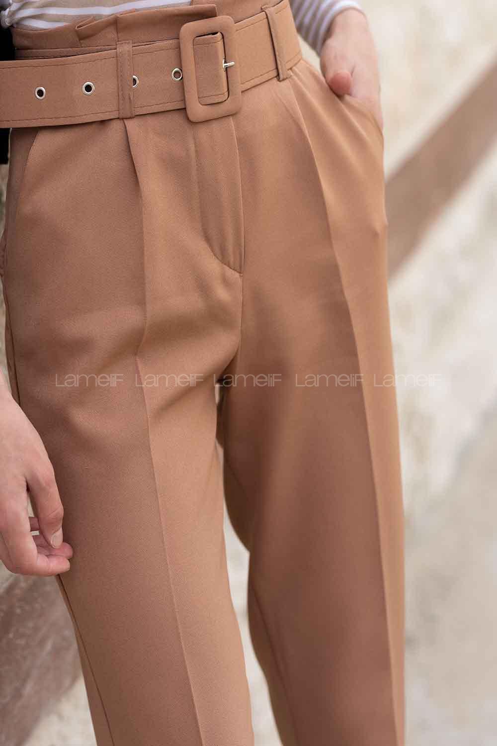 Modalamelif Çift Cep Toka Kemerli Pantolon Camel