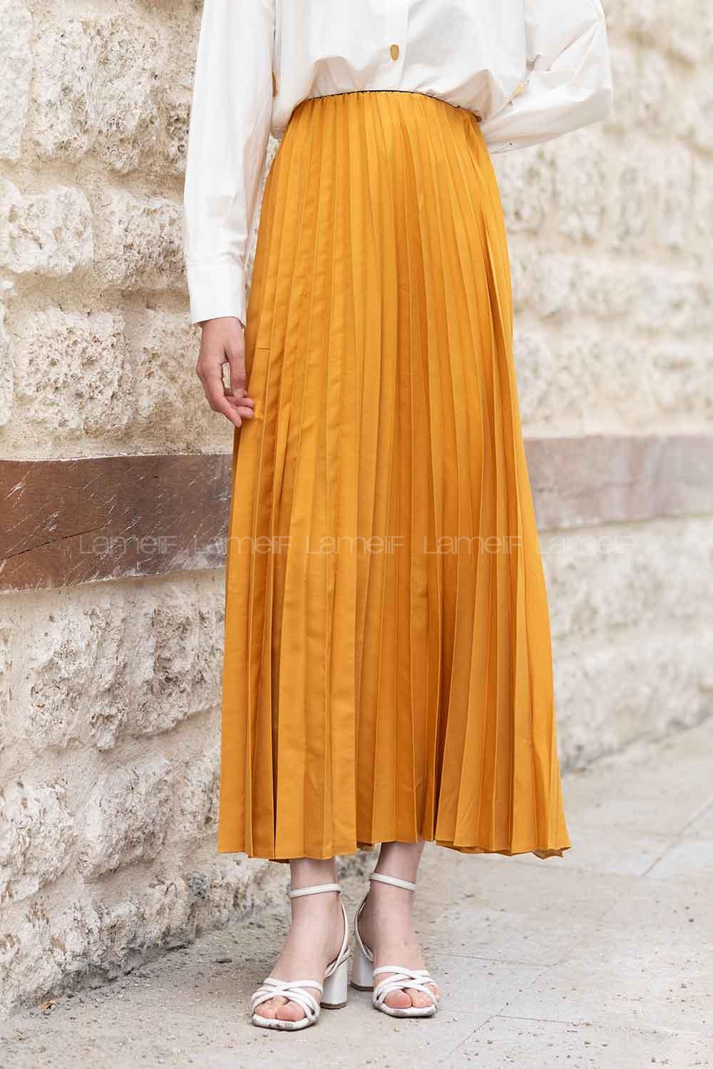 Ocher Cotton Fabric Unprinted Pleated Skirt