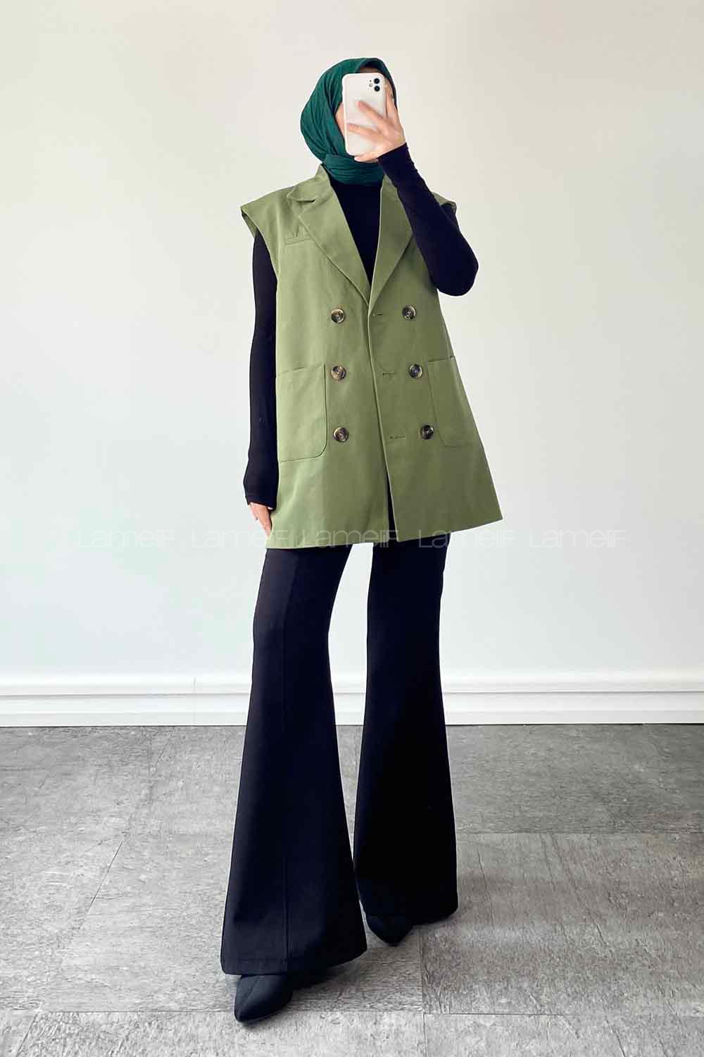 Khaki Shirt Collar Zero Arm Linen Jacket