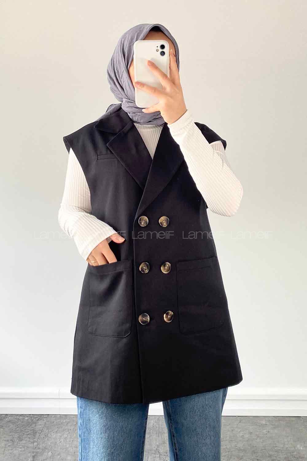 Black Shirt Collar Zero Arm Linen Jacket