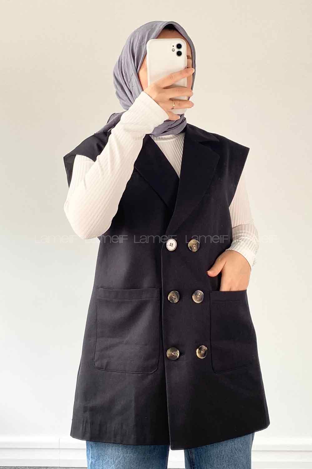 Black Shirt Collar Zero Arm Linen Jacket