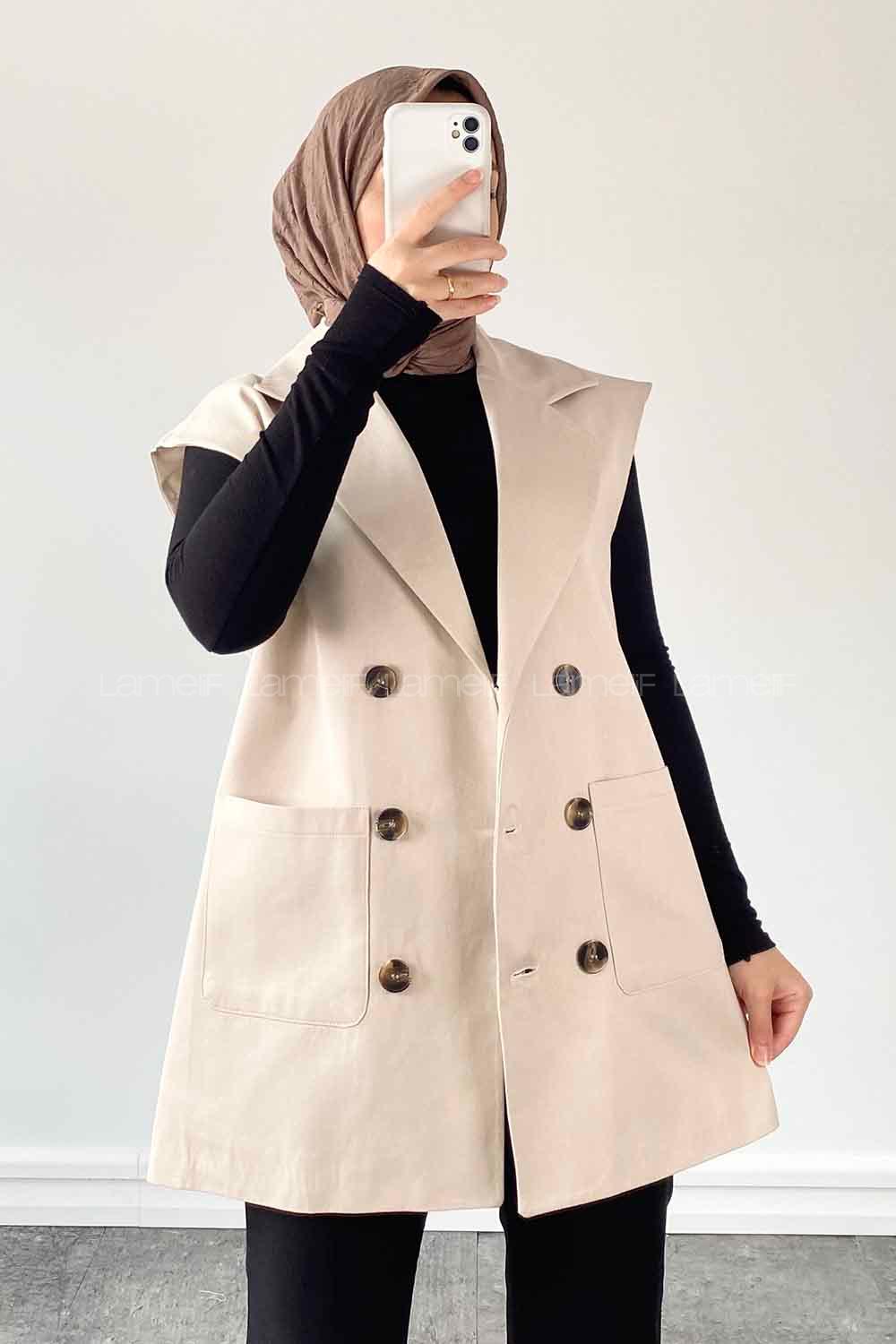 Stone Shirt Collar Zero Arm Linen Jacket