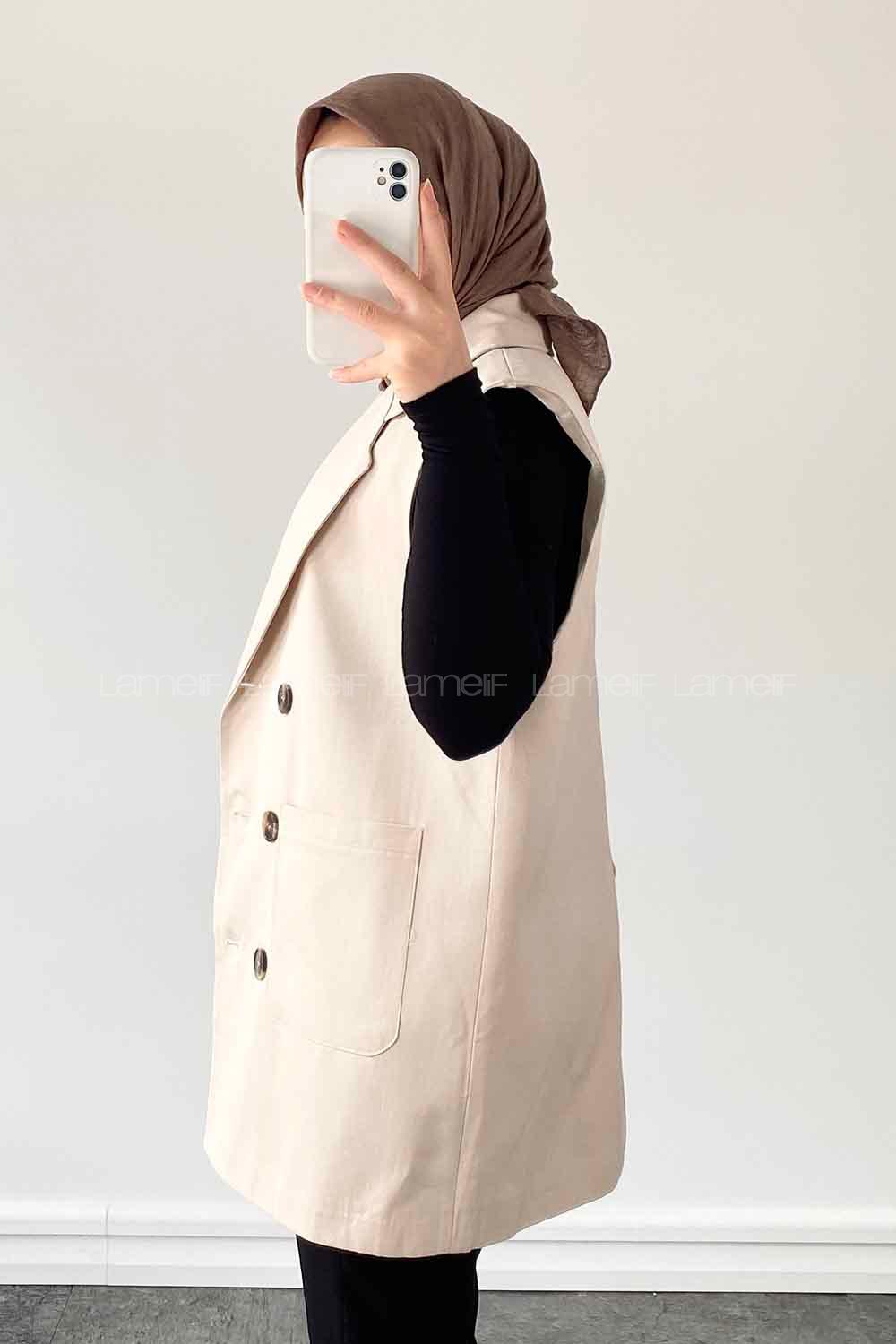 Stone Shirt Collar Zero Arm Linen Jacket