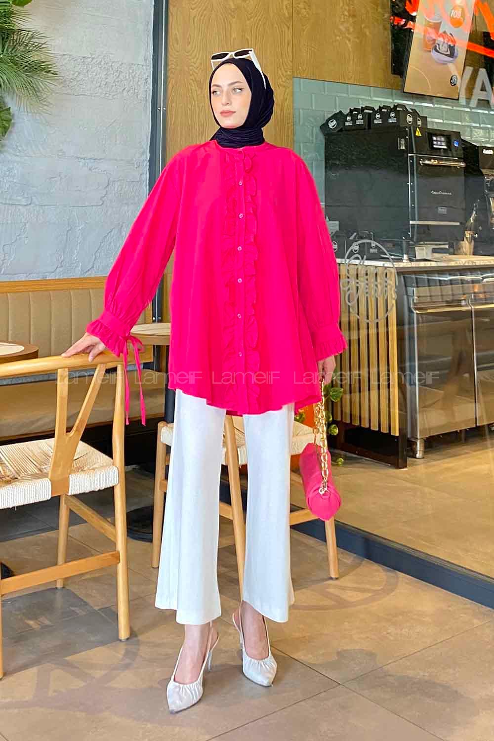 Fuchsia Mandarin Collar Cotton Unprinted Tunic