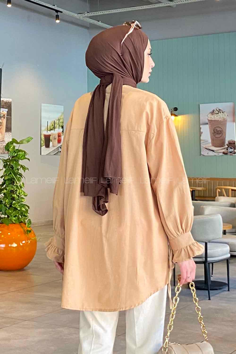 Lamelif Flores Fırfırlı Tunik Sütlü Kahve