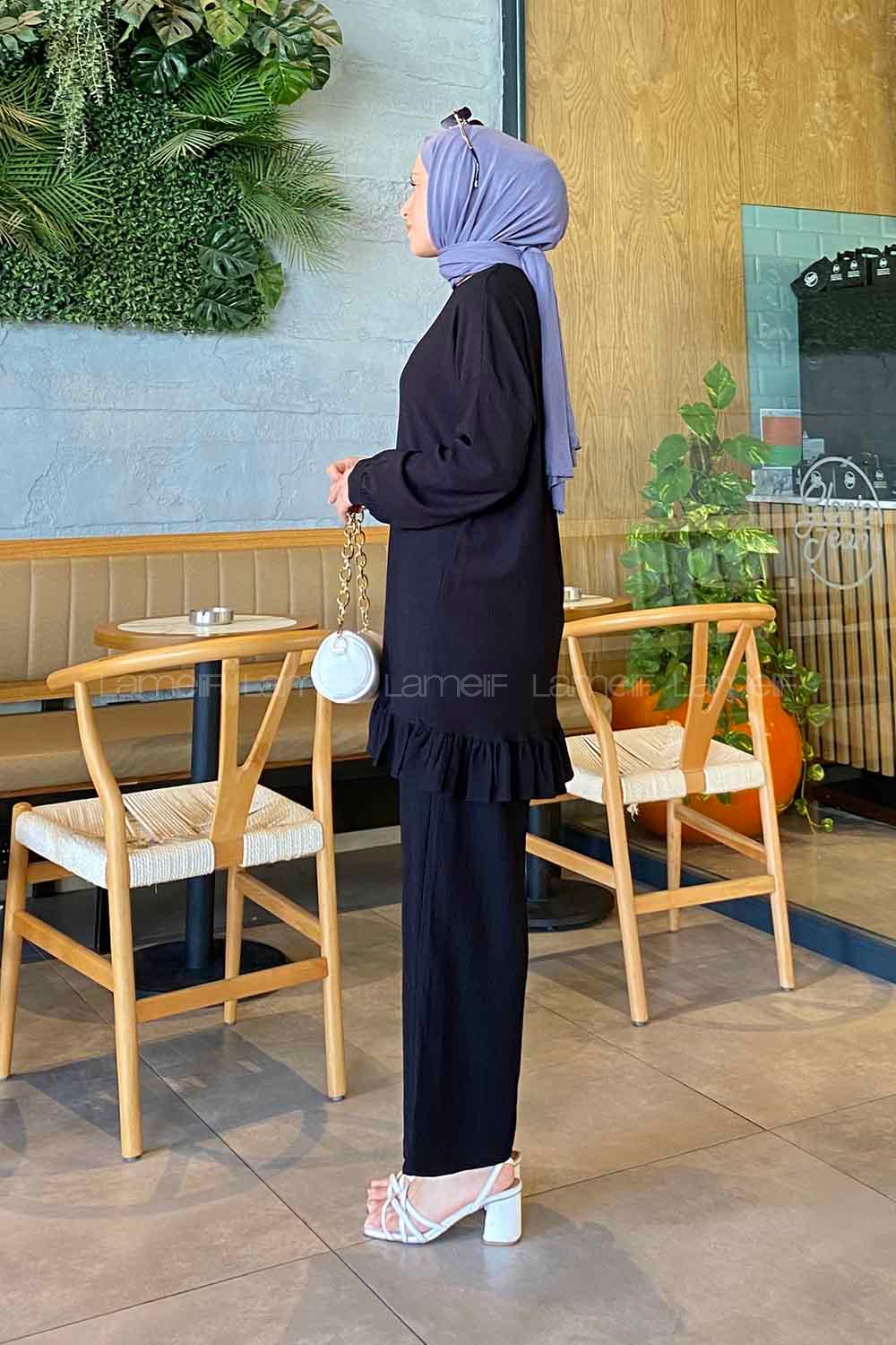 Black Crew Neck Long Arm Without Accessories Linen Regular Trousers Linen Suit